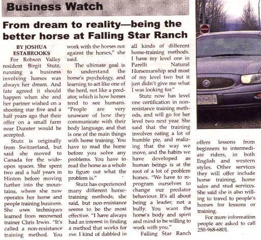Article on Falling Star Ranch in Valley Sentinel October 25 2006
